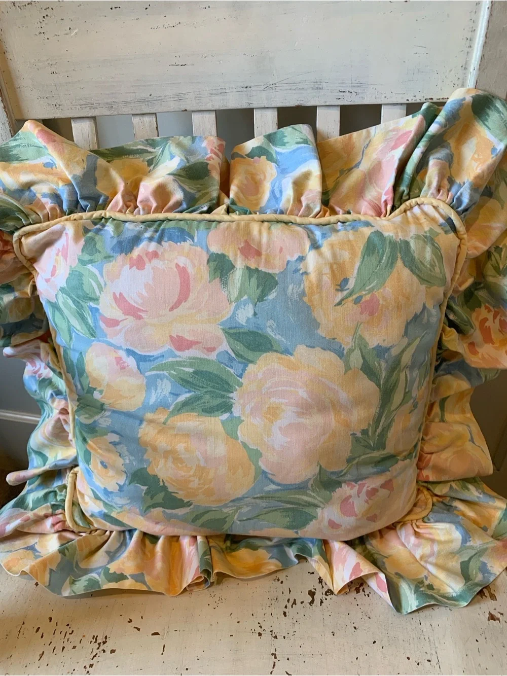 Vintage Croscill Floral Ruffled Throw Pillow in Pastel Yellow, Pink, Blue, Green